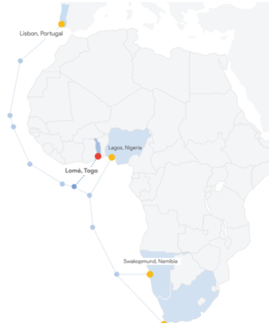 Google连接欧洲和非洲的“Equiano”海底电缆项目线路示意图